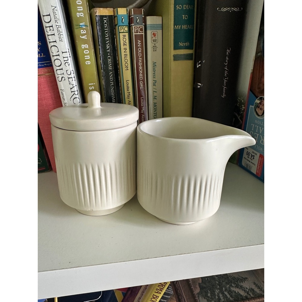 Citrine Sugar and Creamer Set Ivory Ribbed Ceramic Mid Century Style